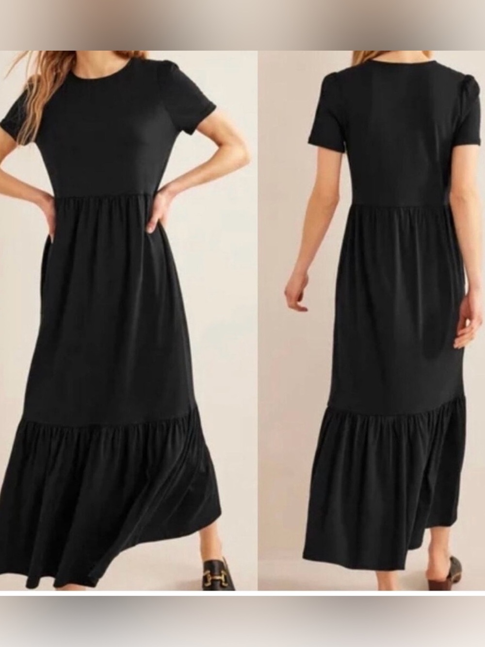 Boden Emma Black Tiered Midi / Maxi jersey knit dress pullover size 10 R stretch